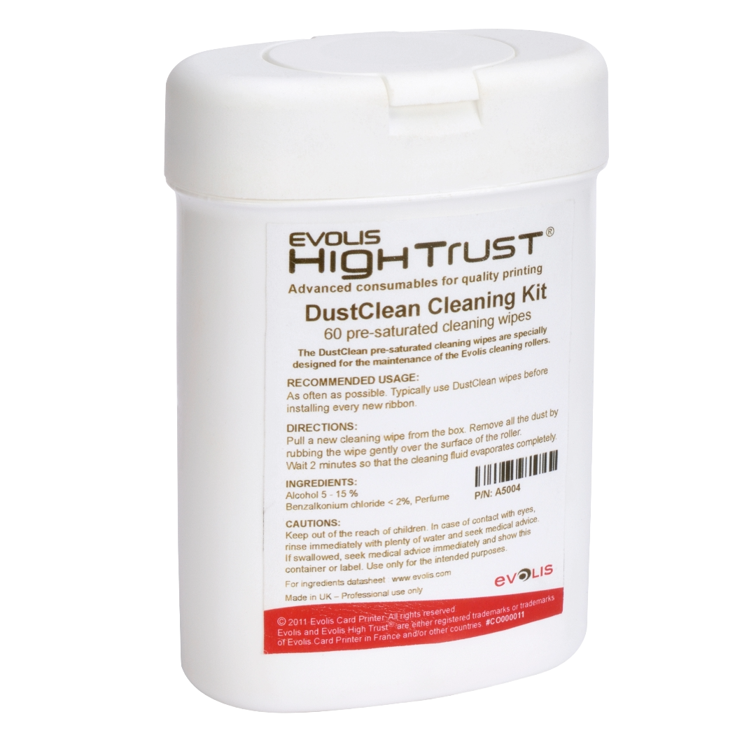 A white container labeled "Evolis A5004 Pre-Saturated Cleaning Wipes for Card Printers - 60 Count" with 60 pre-saturated cleaning wipes inside. The label contains usage instructions and safety information, tailored specifically for maintaining Evolis card printers.