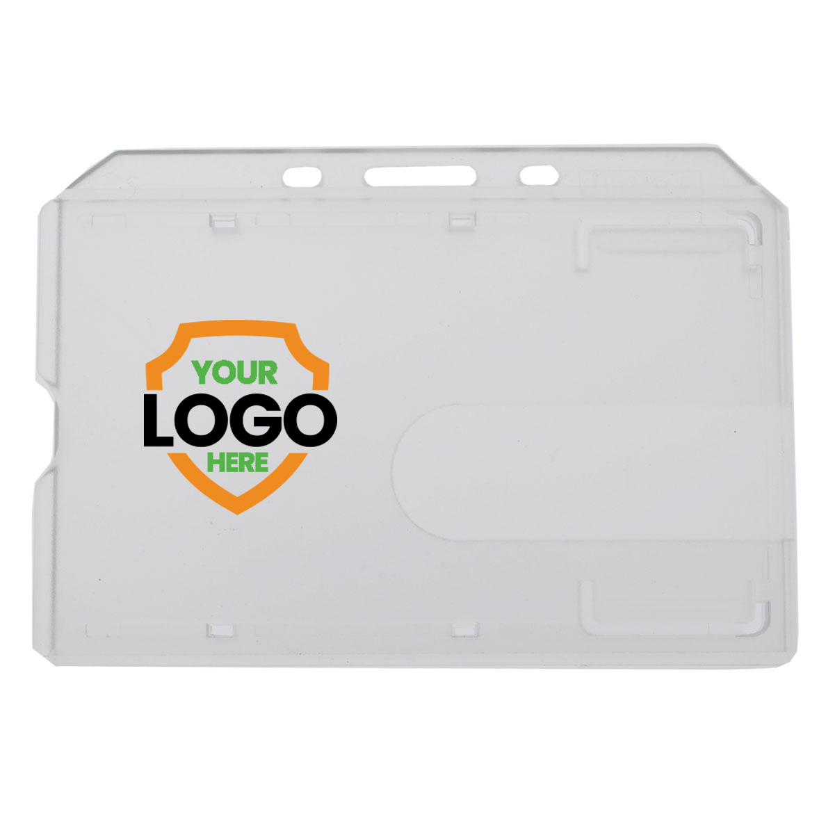 Enhance your brand awareness with this Customizable Side Load Rigid Clear Horizontal Badge Holder (AC-913) - Add Your Logo, featuring an insert slot on the right and "Your Logo Here" prominently displayed in the center. Perfect for maintaining a professional image at events or within the workplace.