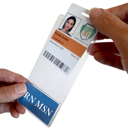 Since March 2021, a person holds a medical ID badge with their photo, name, and position in an RN MSN BadgeBottom Badge Holder & Badge Buddy IN ONE!! - a vertical ID badge sleeve featuring "RN MSN" prominently for Registered Nurses with Masters of Science in Nursing.