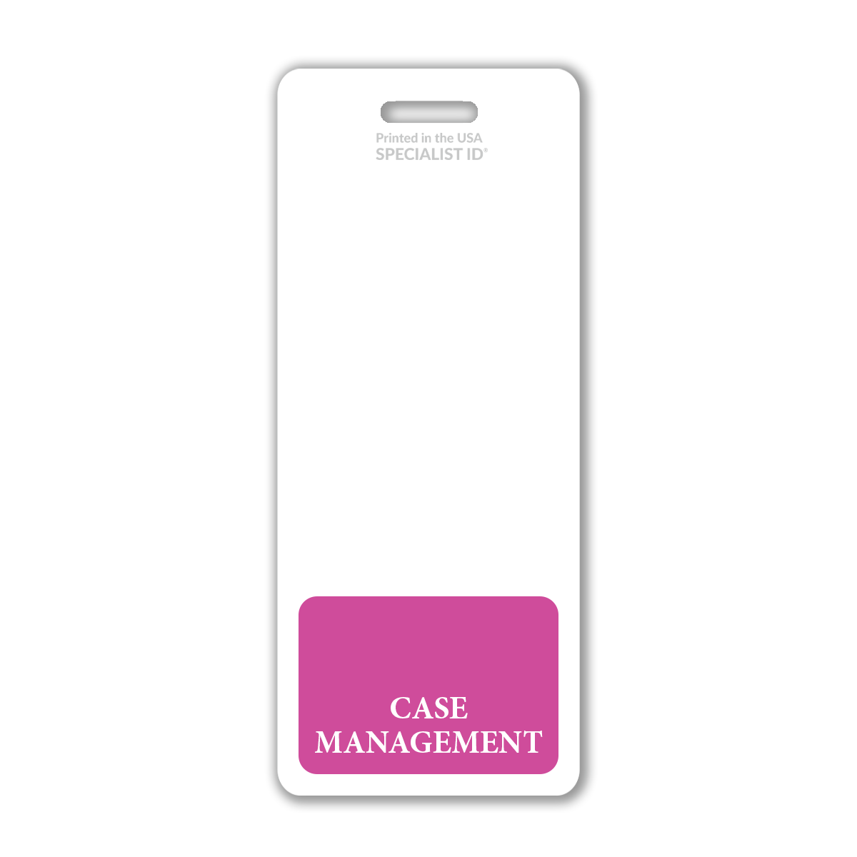 Extra Large Case Manager Badge Buddy featuring "Case Management" in white text on a pink block at the bottom, ideal for healthcare settings. Designed as an XL Badge Backer to keep the Case Manager's ID prominently displayed and professional.