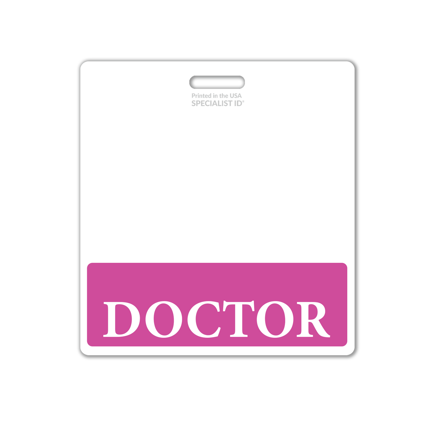 The Extra Large DOCTOR Badge Buddy, a horizontal hospital ID badge backer with a white background and bold pink strip displaying "DOCTOR" in white letters, is perfect for physician identification in healthcare settings.