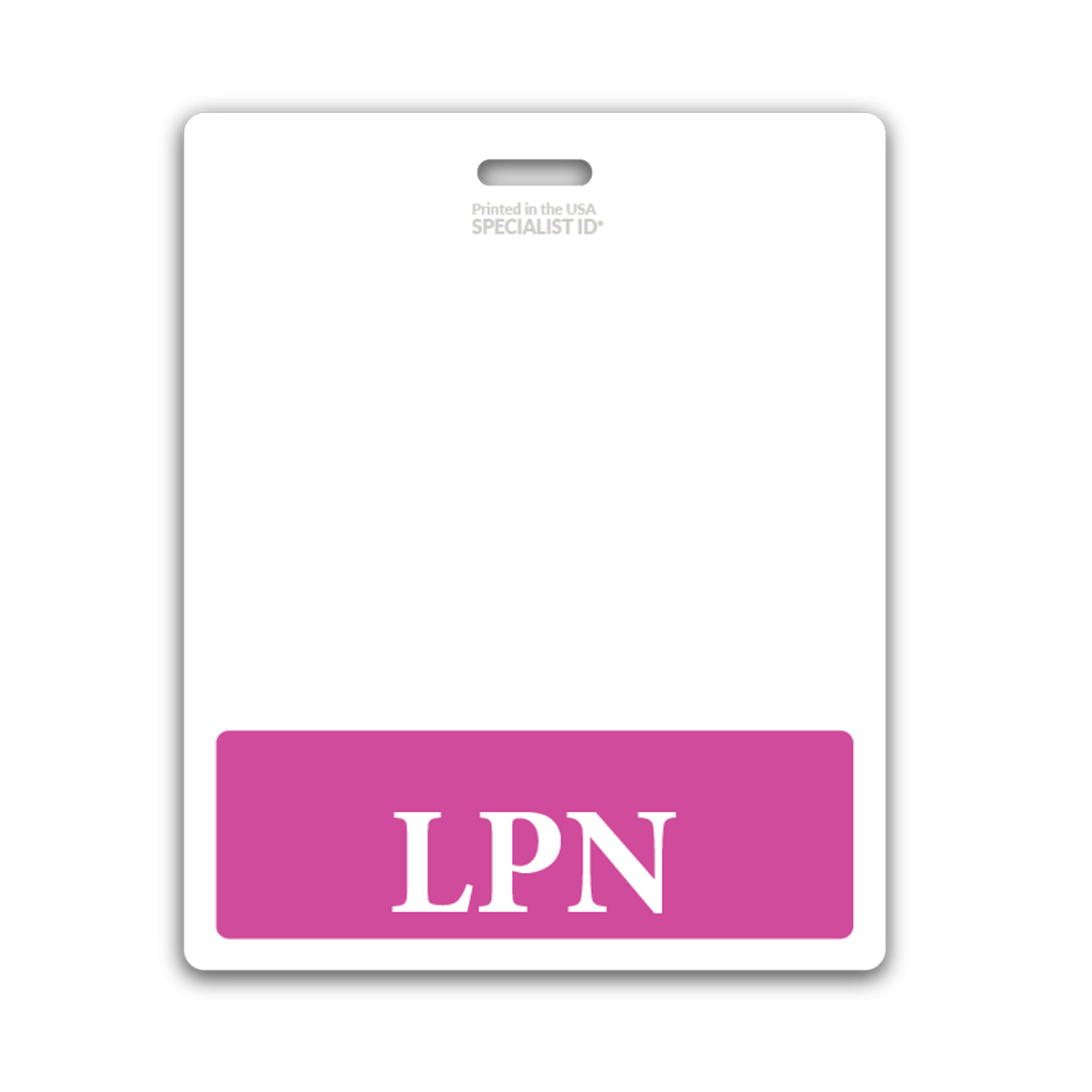 A white identification badge with a pink bottom section displaying the letters "LPN" in white, often referred to as an Oversized LPN Badge Buddy - XL Badge Backer for Nurses - Horizontal Hospital ID Badge Buddies, commonly used in healthcare settings.