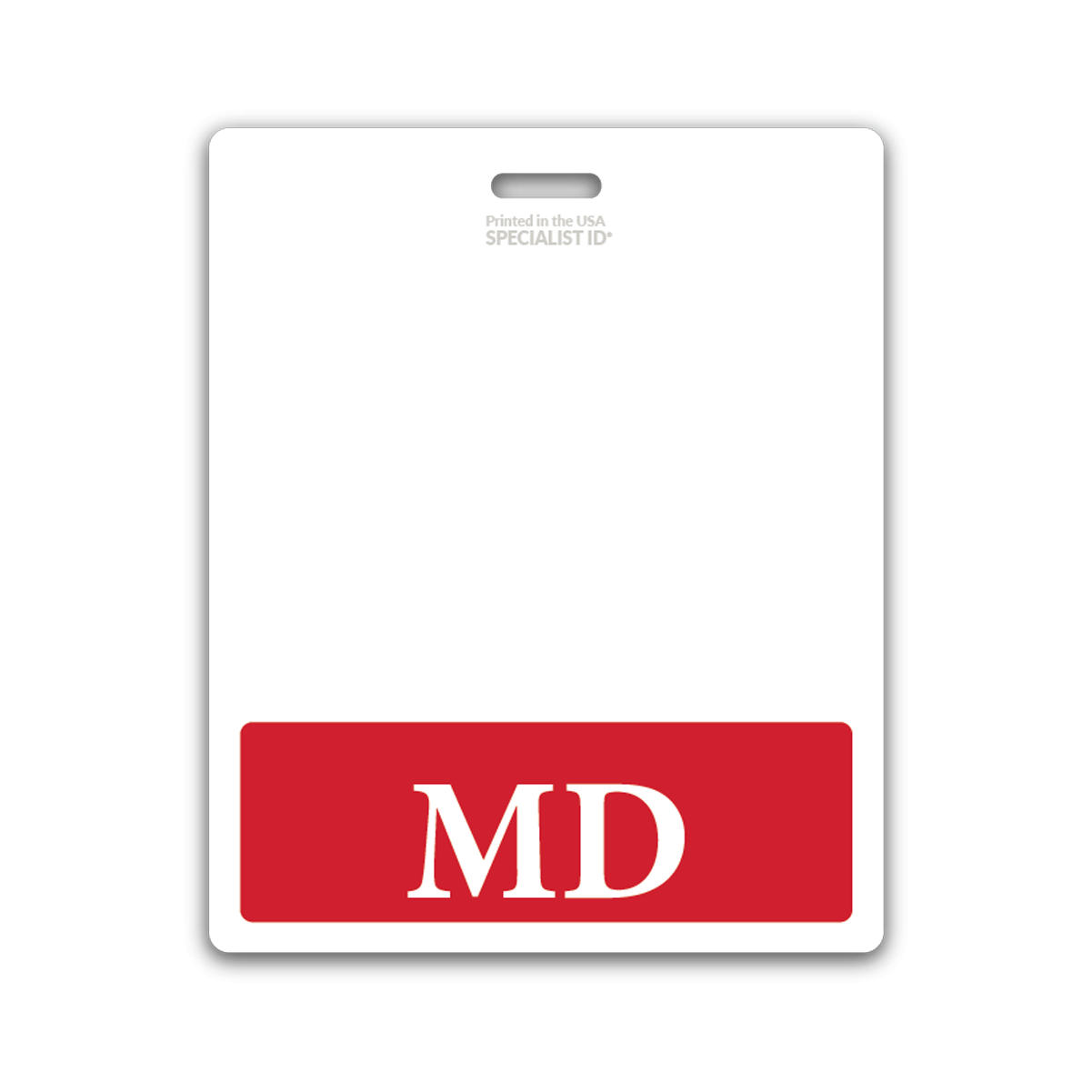 White badge with a red bottom section displaying "MD" in white text, perfect as an Extra Large MD Badge Buddy - Oversized Badge Backer for Doctors of Medicine - Horizontal Hospital ID Badge Buddies for medical doctors' identification.