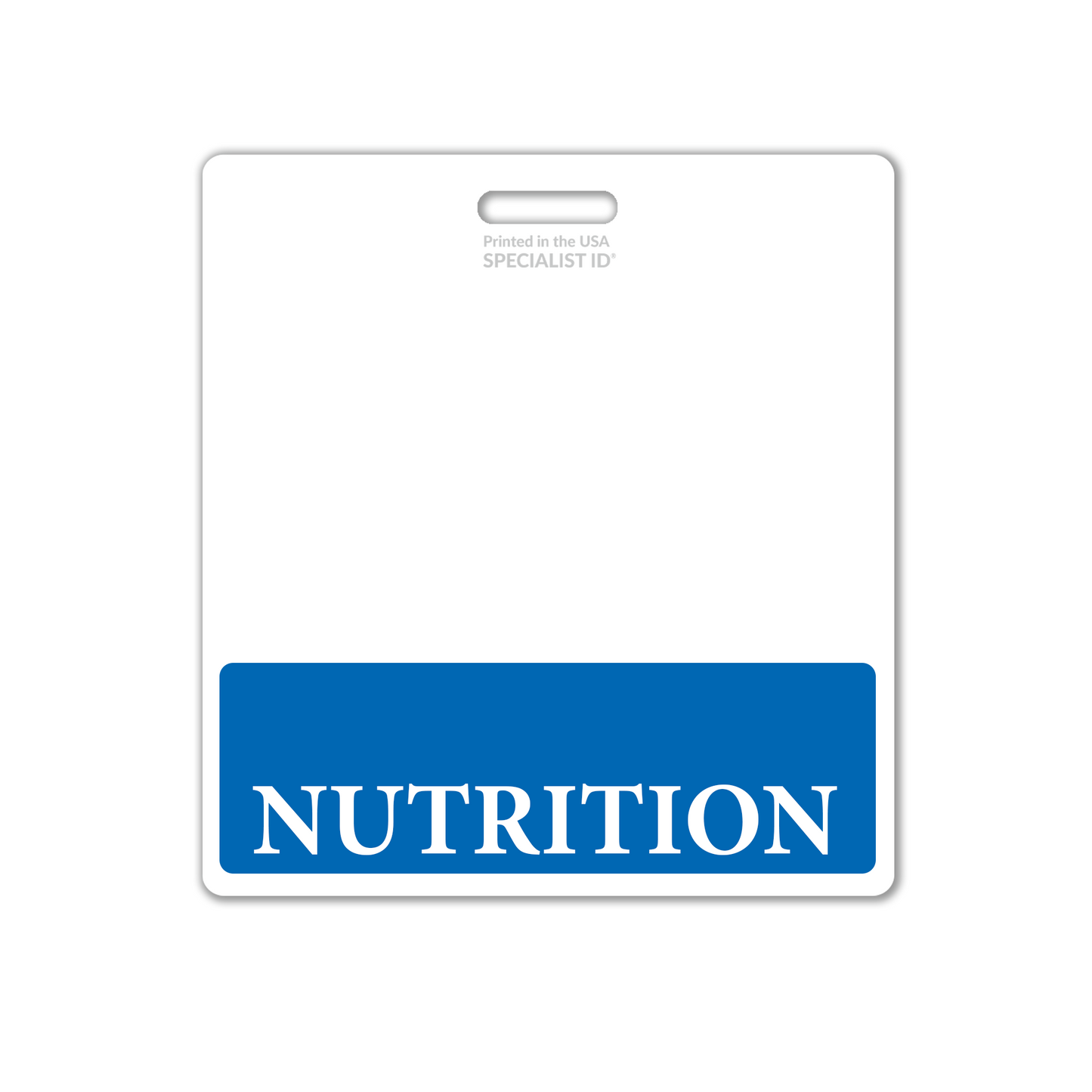 The Extra Large NUTRITION Badge Buddy, featuring a distinctive white design with a blue bottom section and the word "NUTRITION" prominently displayed in white capital letters, is an ideal XL Badge Backer for nutritionists in dietary environments.