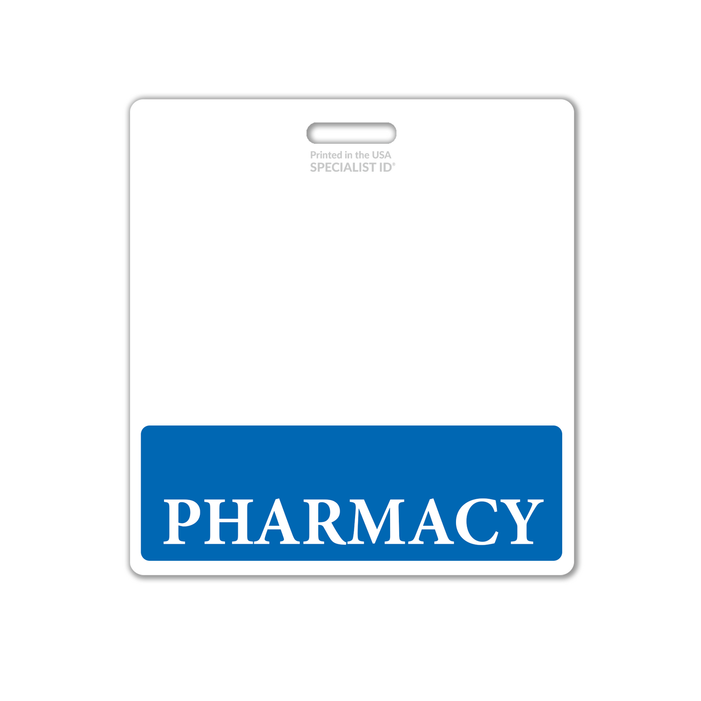 The Extra Large PHARMACY Badge Buddy features a white design with a blue strip at the bottom, displaying the word "PHARMACY" in bold white letters, making it an essential XL Badge Backer for pharmacists in healthcare environments.
