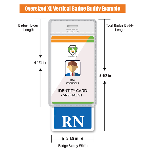 XL vertical badge buddy behind an ID in a badge holder: 5-1/2 inches long overall, for holders up to 4-1/4 inches