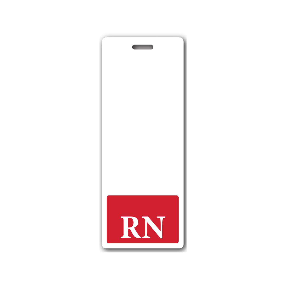 A white vertical Oversized RN Badge Buddy - Extra Large Badge Buddies for Registered Nurse - Vertical Hospital ID Badge Backer with an oversized red section at the bottom displaying the initials "RN" in bold white letters.