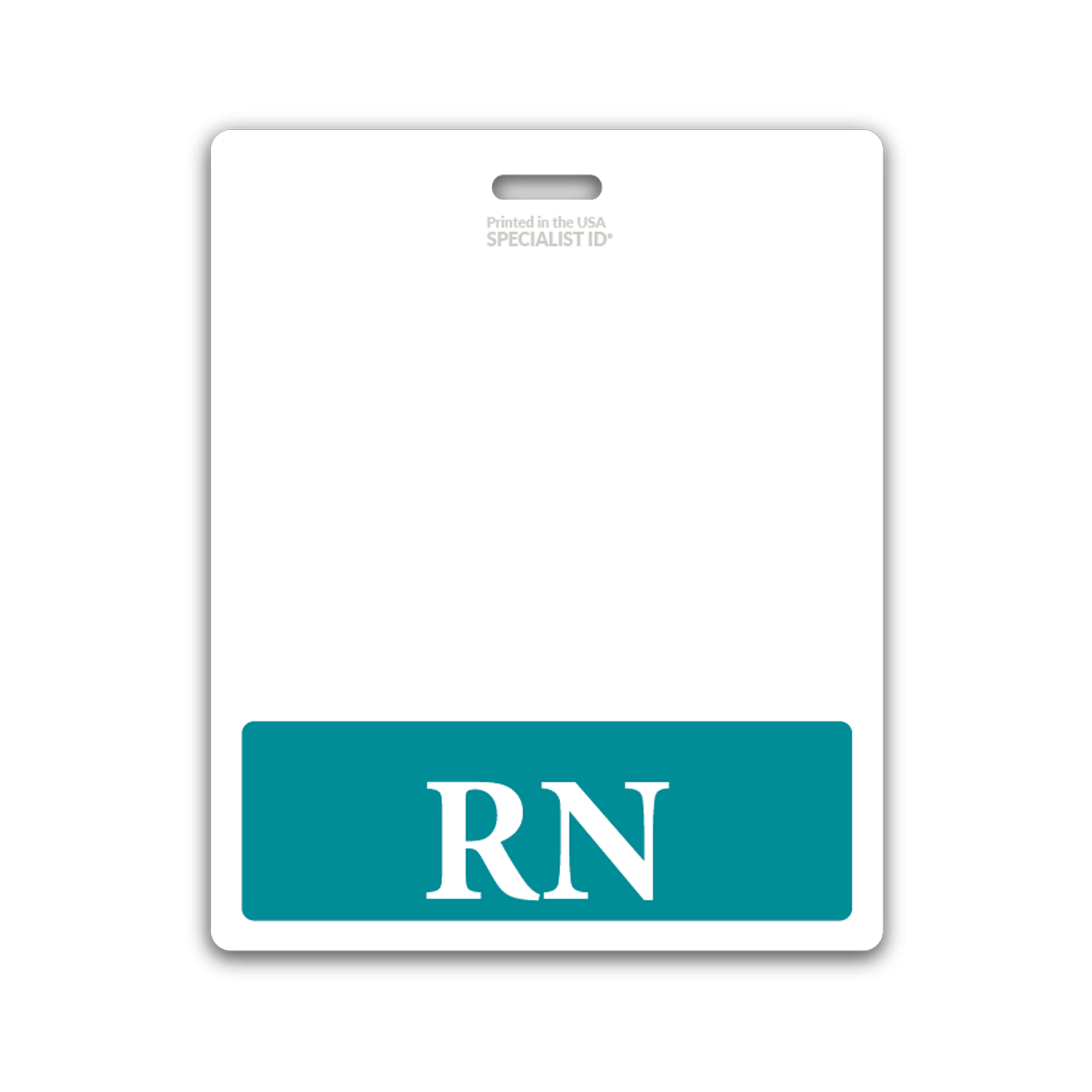 Extra Large RN Badge Buddy - XL Badge Backer for Registered Nurse - Horizontal Hospital ID Badge Buddies with a white background and teal bottom. The bottom section displays the text "RN" in white, perfect as an RN badge buddy. The top section has small text that reads, "Printed in the USA, SPECIALIST ID". Ideal for use as a horizontal hospital ID.