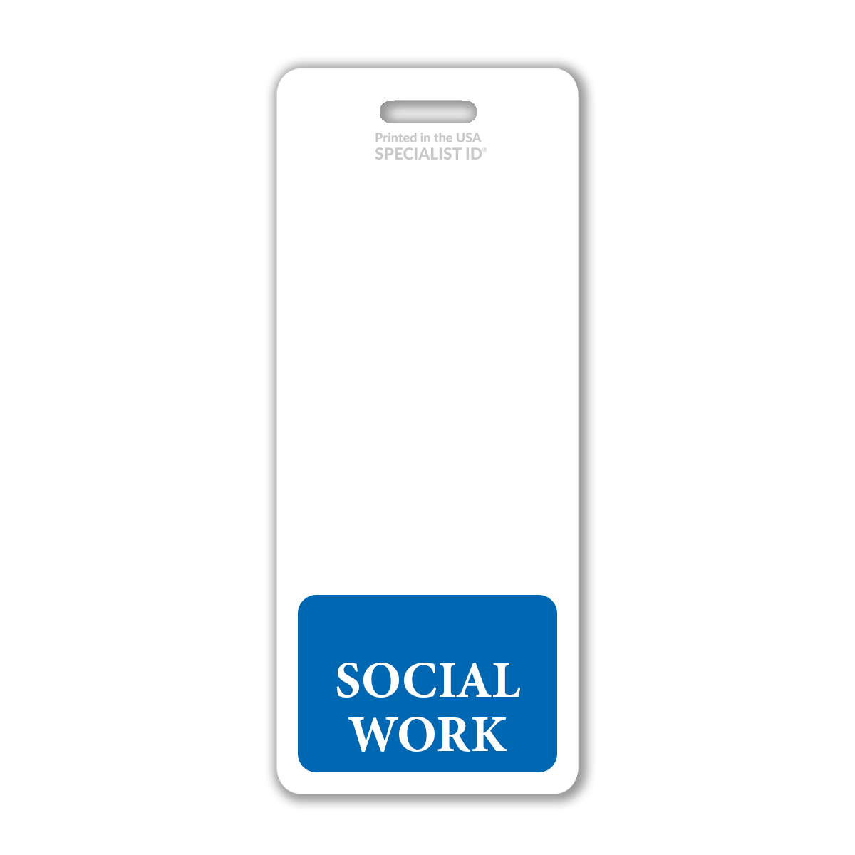 The Extra Large Social Work Badge Buddy is a vertical hospital ID badge backer featuring a blue section at the bottom labeled "Social Work," ideal for social work professionals seeking efficient identification in busy healthcare settings.