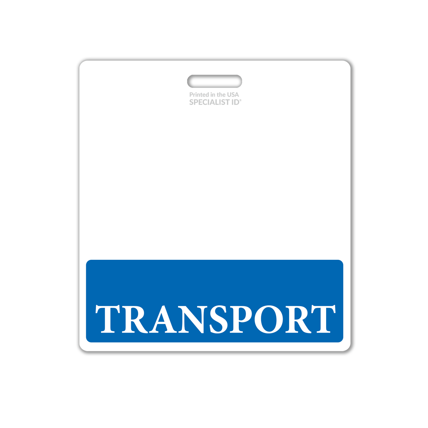 An Extra Large TRANSPORT Badge Buddy, featuring a white background with a blue section at the bottom labeled "TRANSPORT," functions as an essential identification tool in healthcare settings. It is commonly known as an XL Badge Backer for Transporters.