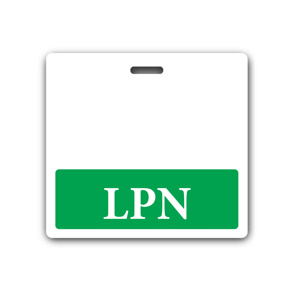 A white badge with a green section at the bottom displaying the text "LPN" in white letters, perfect for role recognition in a hospital environment can be replaced with the LPN Horizontal Badge Buddy with Green Border.