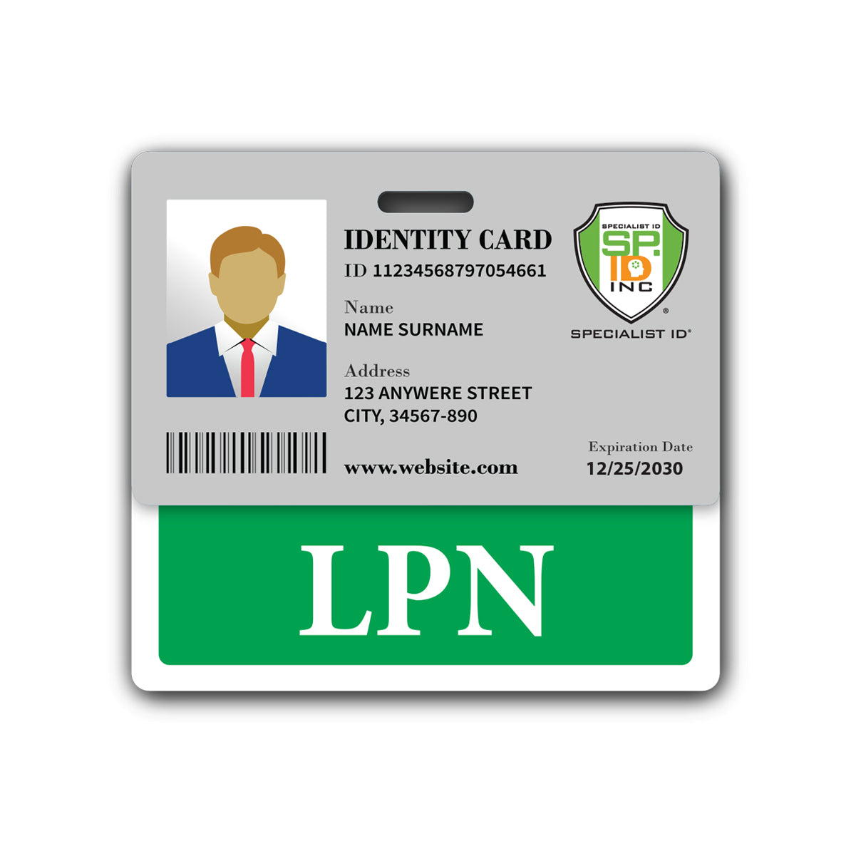An identity card displays a photo silhouette, ID number, name, address, website, an expiration date of 12/25/2030, and LPN designation on a green background. This LPN Horizontal Badge Buddy with Green Border enhances role recognition in the hospital environment.