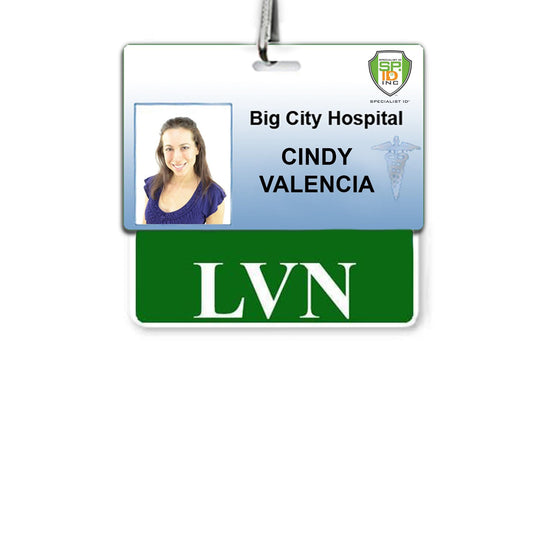 A hospital ID card for Cindy Valencia from Big City Hospital, featuring her photo and the acronym "LVN" below, framed by a green border. Recognized as a Licensed Vocational Nurse, she carries an "LVN" horizontal Badge Buddy with Green Border for added identification.