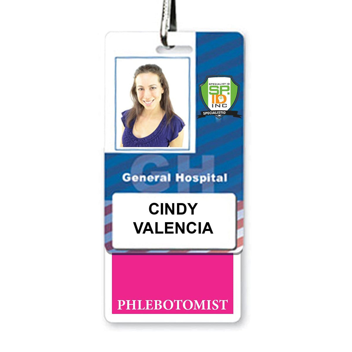 Identification badge for Cindy Valencia, a phlebotomist at General Hospital. The Phlebotomist Vertical Badge Buddy with Color Border features her photo, the hospital logo, and serves as a badge buddy for easy role recognition in the busy hospital environment.