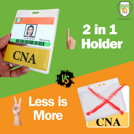Image showing a "CNA BadgeBottom Badge Holder & CNA Badge Buddy IN ONE!! - Horizontal ID Badge Sleeve with Bottom Role Tag for Nurse Assistants" for medical ID badges and CNA BadgeBottoms on the left, compared to a traditional holder on the right with "Less is More" text and a red 'X' over the old holder.