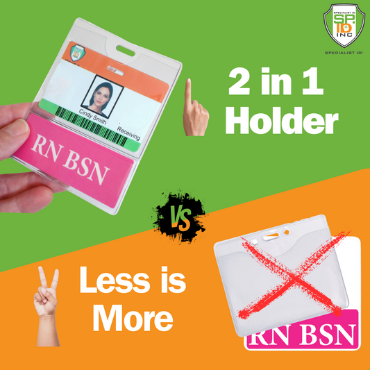 Image showing a hand holding an RN BSN BadgeBottom Badge Holder & RN BSN Badge Buddy IN ONE!! - Horizontal ID Badge Sleeve with Bottom Role Tag for Registered Nurses, emphasizing its dual function for displaying medical titles. A comparison is made with a single-holder badge, which is marked with an X.