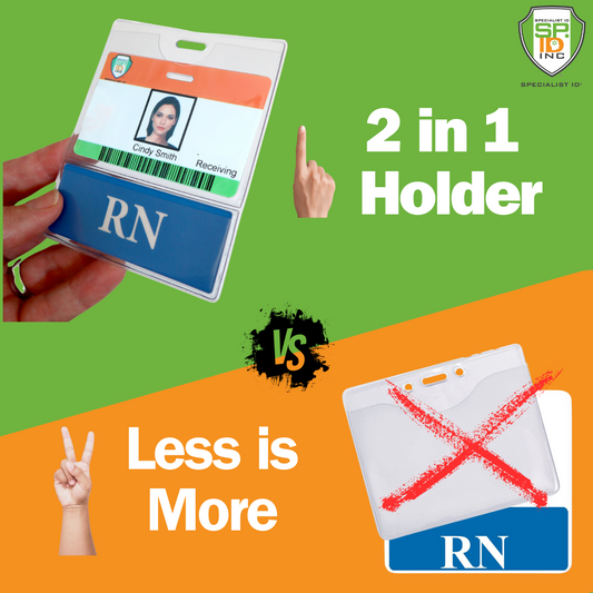 Image showing a comparison between a 2-in-1 ID holder and a standard ID holder. Text reads "RN BadgeBottom Badge Holder & RN Badge Buddy IN ONE!! - Horizontal ID Badge Sleeve with Bottom Role Tag for Registered Nurses" vs "Less is More." The RN BadgeBottom Badge Holder & RN Badge Buddy IN ONE!! - Horizontal ID Badge Sleeve with Bottom Role Tag for Registered Nurses highlights a combined medical titles and RN badge, the other only RN.