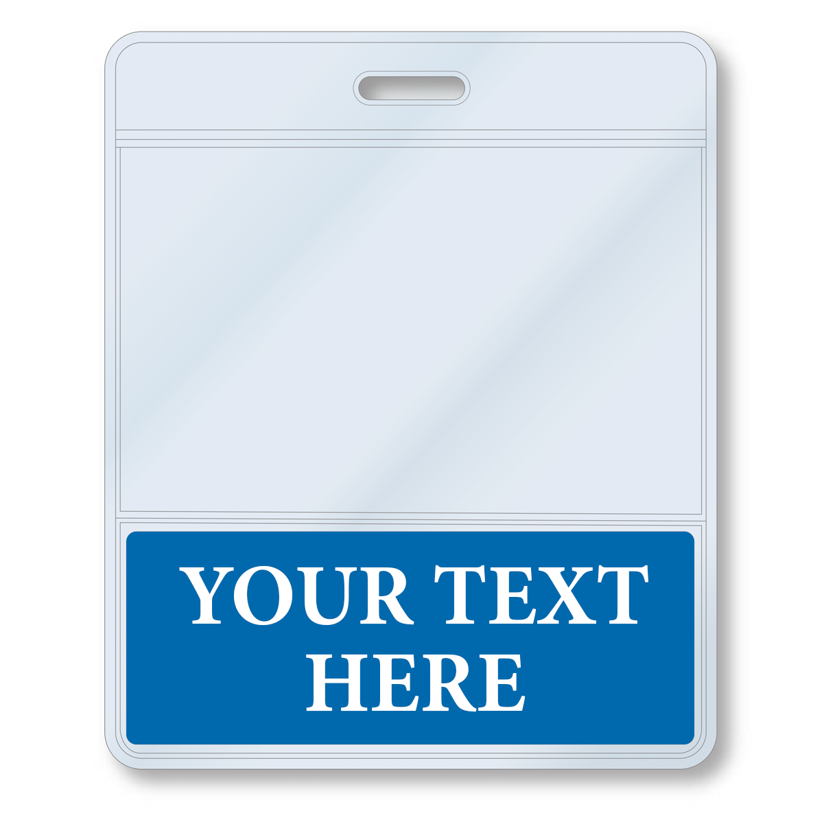 A Custom Printed BadgeBottoms® Horizontal (Badge Holder & Badge Buddy IN ONE) with a slot for a lanyard and the customizable title "YOUR TEXT HERE" in white letters on a blue background at the bottom.