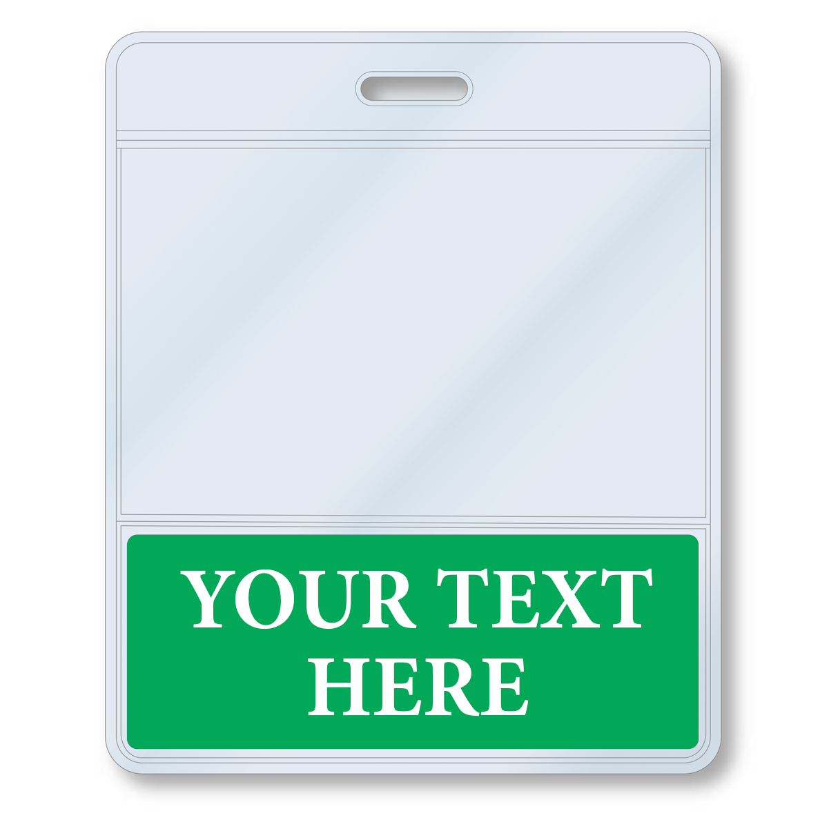 A Custom Printed BadgeBottoms® Horizontal (Badge Holder & Badge Buddy IN ONE) with a green section at the bottom that reads "YOUR TEXT HERE" in white capital letters, perfect for a customizable title.