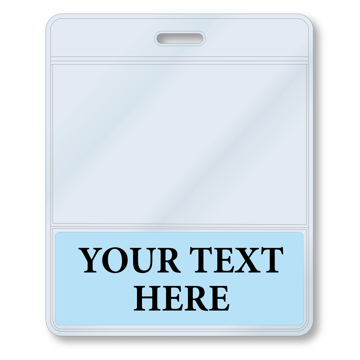 An empty Custom Printed BadgeBottoms® Horizontal (Badge Holder & Badge Buddy IN ONE) with a blank top section and a blue bottom section labeled "YOUR TEXT HERE," perfect for adding your customizable title.
