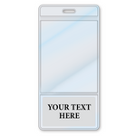 A Custom Printed BadgeBottoms® Vertical (Badge Holder & Badge Buddy IN ONE!!), encased in a clear plastic cover, features a section labeled "Your Text Here" at the bottom, making it one of the most versatile customizable badge holders available.