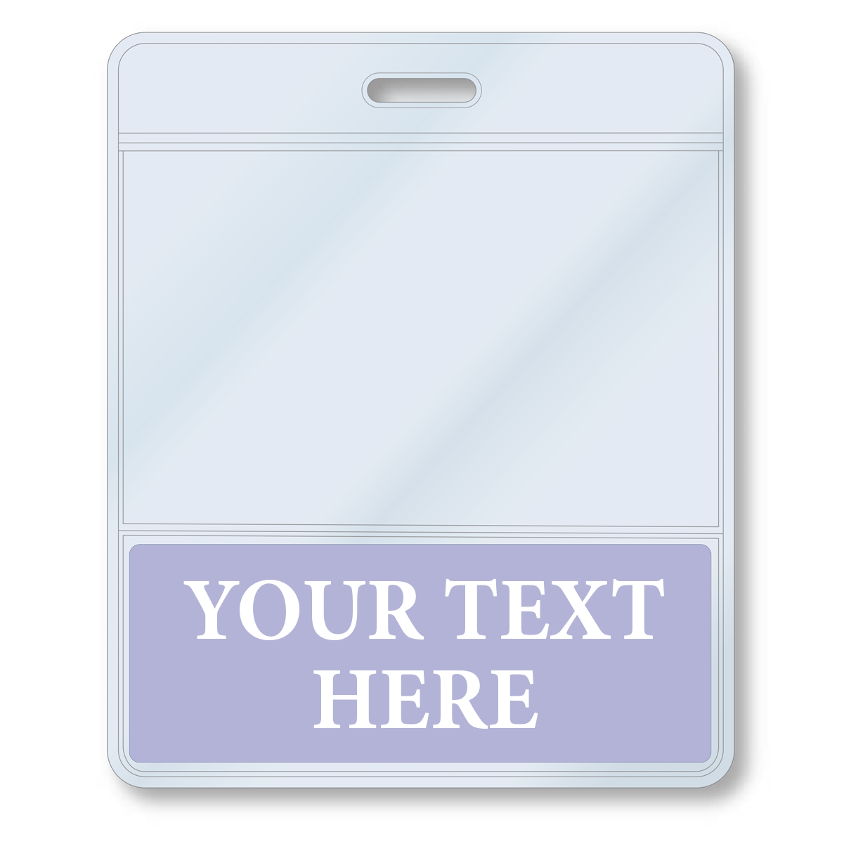 A Custom Printed BadgeBottoms® Horizontal (Badge Holder & Badge Buddy IN ONE) with a slot for a lanyard and a section for personalized text. The Badge Bottoms are highlighted in light purple with "YOUR TEXT HERE" in white capital letters, offering a customizable title for any occasion.
