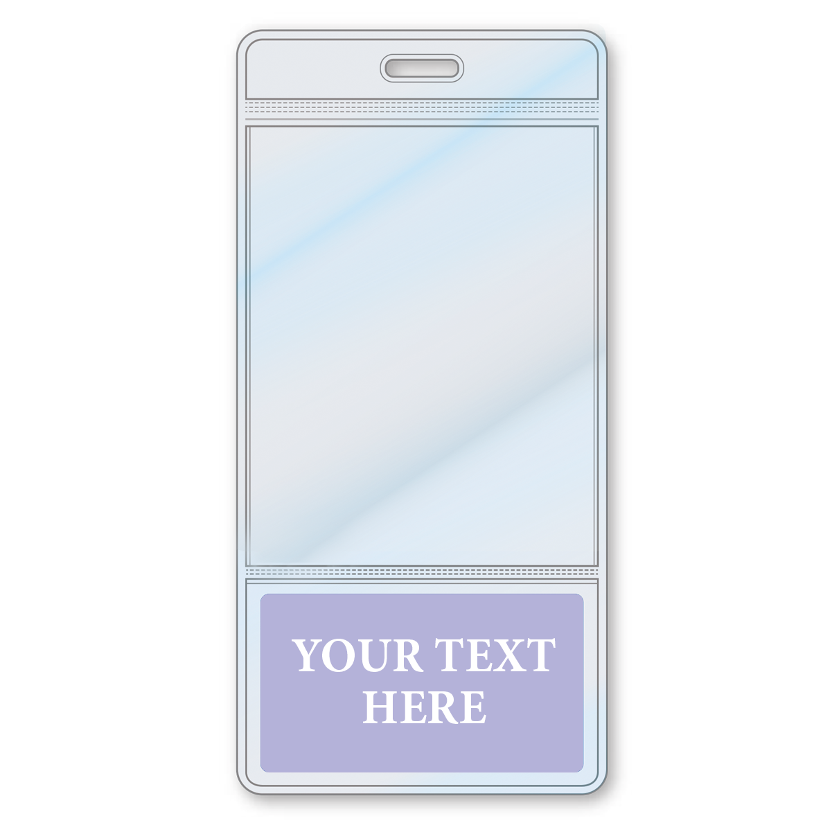 A Custom Printed BadgeBottoms® Vertical (Badge Holder & Badge Buddy IN ONE!!) identification badge with a clear section for a photo and a purple section at the bottom labeled "YOUR TEXT HERE," perfect for use as customizable badge holders.