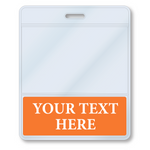 A Custom Printed BadgeBottoms® Horizontal (Badge Holder & Badge Buddy IN ONE) with an orange section at the bottom displaying the customizable title "YOUR TEXT HERE" in white letters.