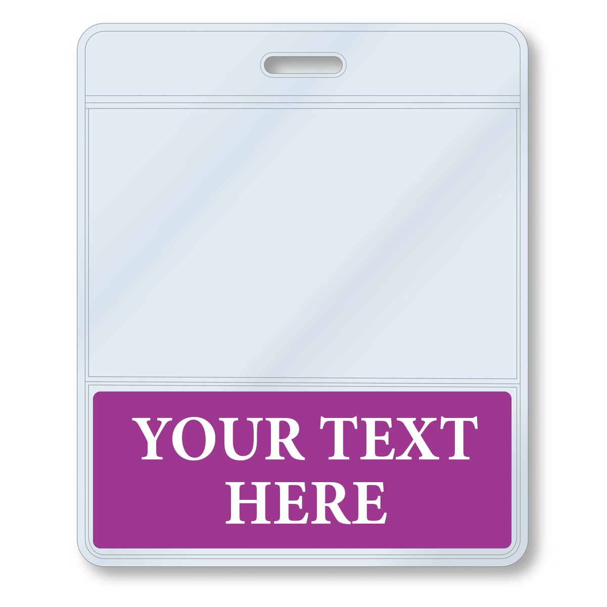 A Custom Printed BadgeBottoms® Horizontal (Badge Holder & Badge Buddy IN ONE) with a purple section at the bottom labeled "Your Text Here." This customizable title badge includes a slot at the top for attaching to a lanyard.