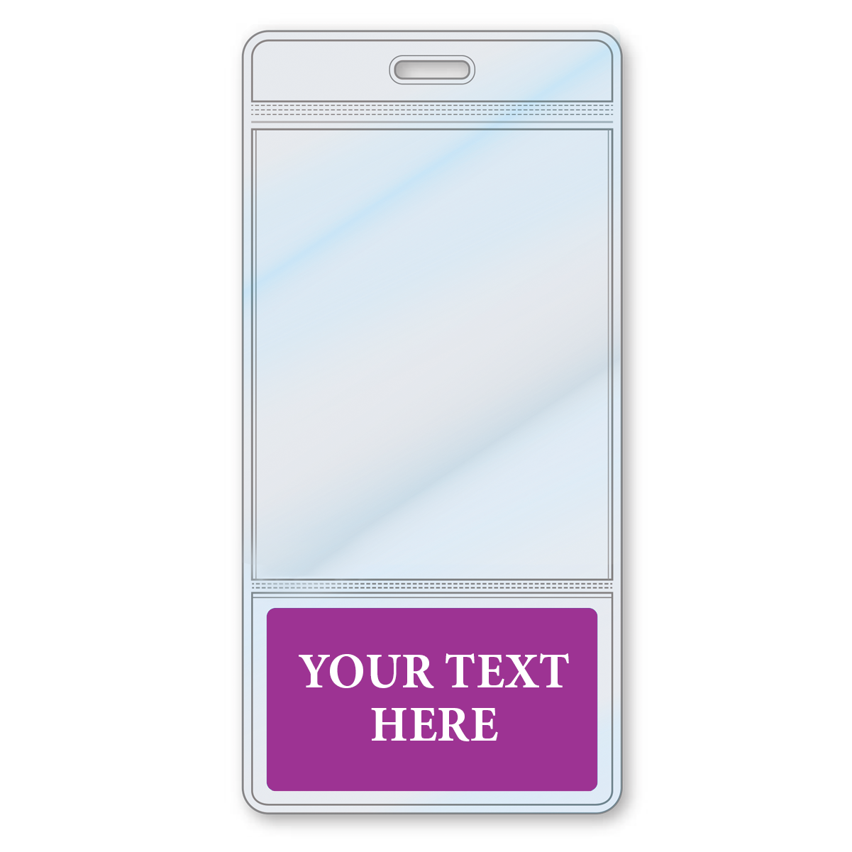 A customizable Custom Printed BadgeBottoms® Vertical (Badge Holder & Badge Buddy IN ONE!!) featuring a blank ID badge with space for a photo and text. The bottom section has a purple background with "YOUR TEXT HERE" written in white, making it perfect for personalizing your role.