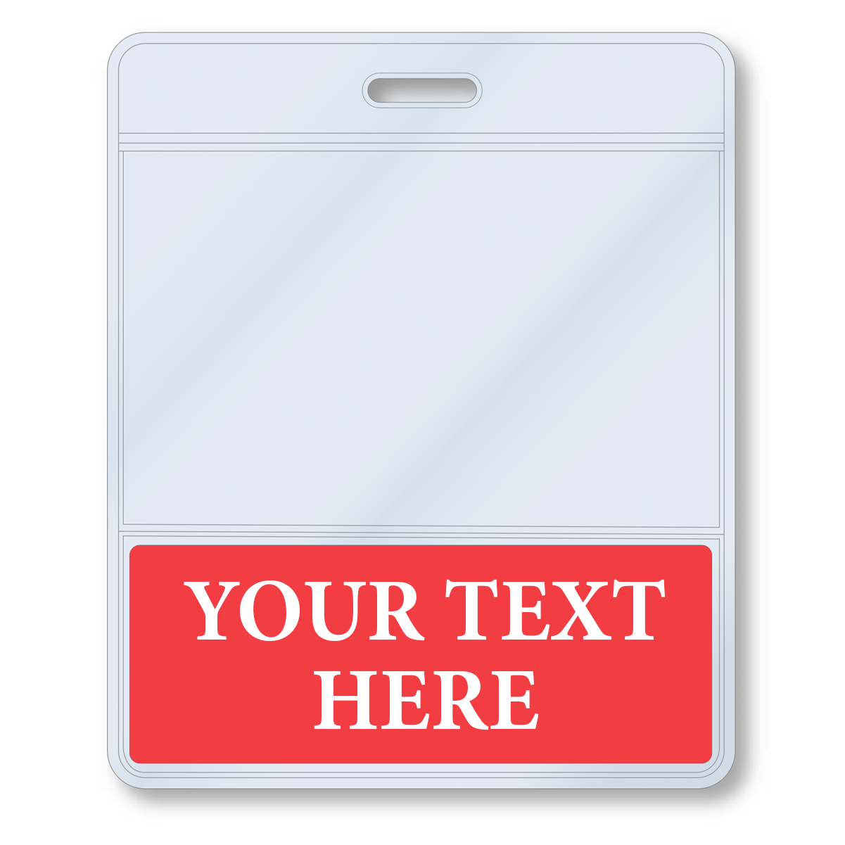 A white Custom Printed BadgeBottoms® Horizontal (Badge Holder & Badge Buddy IN ONE) with a red bottom section displaying the customizable title "YOUR TEXT HERE" in white letters. The badge holder has a slot at the top for attaching to a lanyard, making it perfect for any event or workplace.