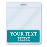 A Custom Printed BadgeBottoms® Horizontal (Badge Holder & Badge Buddy IN ONE) with space for a customized title, featuring a slot for attachment and a teal Badge Bottoms area labeled "YOUR TEXT HERE.