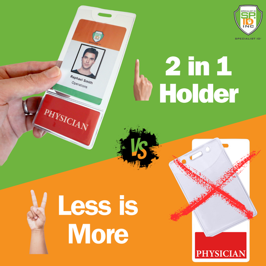 A hand holds a PHYSICIAN BadgeBottom Badge Holder & Badge Buddy IN ONE!! - Vertical ID Badge Sleeve with Bottom Role Tag for Doctors, featuring a photo ID on top and a "PHYSICIAN" label below. Text highlights "2 in 1 Holder" as the better choice compared to a single card holder, showcasing why customizable titles and dual compartments make it superior for professionals.