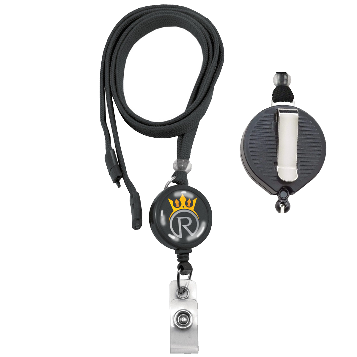 A Custom Breakaway Lanyard ID Holder Badge Reel Combo featuring a crown and a stylized "R" logo in gold and silver, perfect for enhancing professional image. The custom lanyard includes a metal clip for secure attachment, promoting brand awareness in any setting.