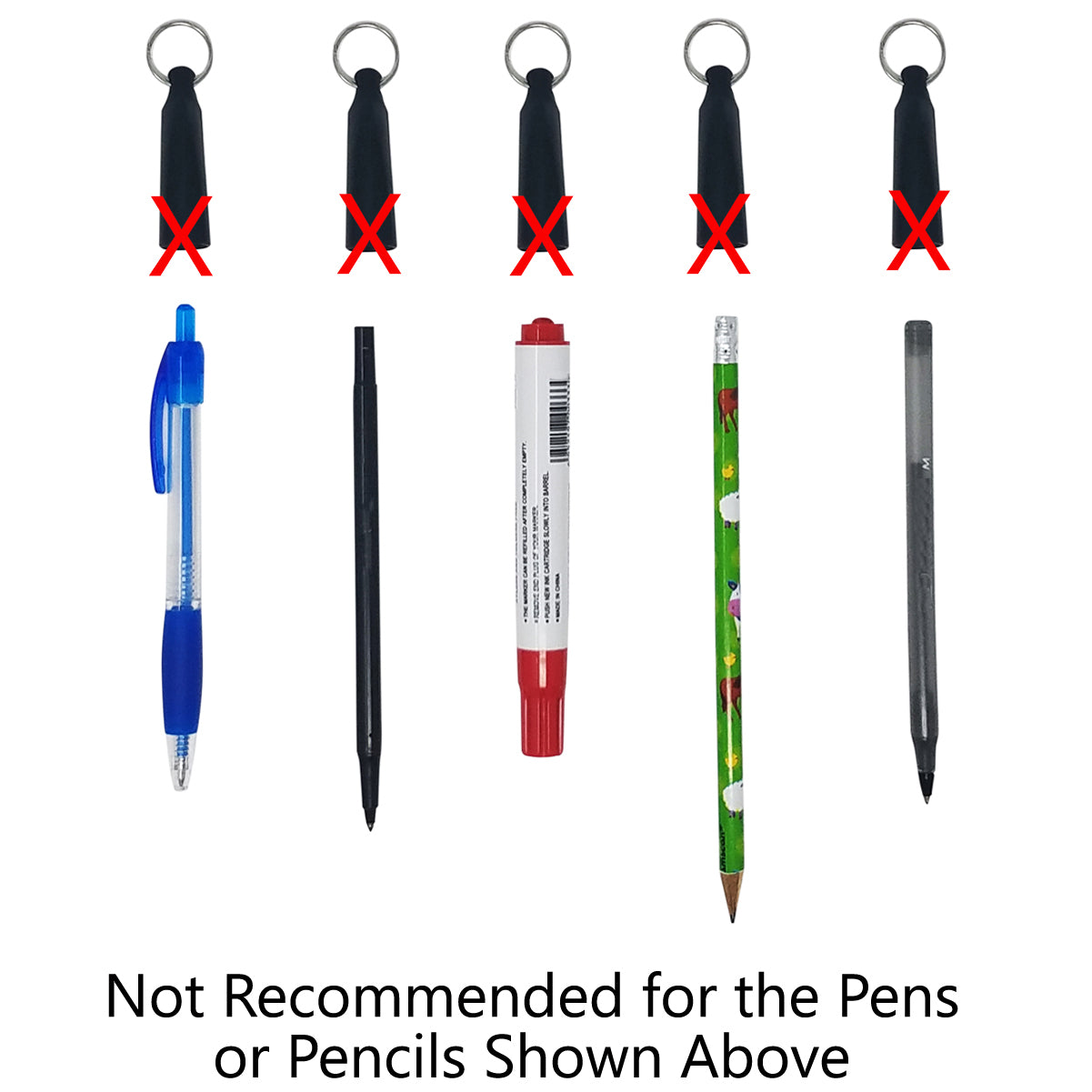 Image showing a row of pens and pencils below a row of pen grips marked with red Xs, indicating the grips are not recommended for the specified writing instruments. Text reads "Not Recommended for the Pens or Pencils Shown Above. Consider using a Heavy Duty Retractable Pull Pen & Pencil Holder Reel SPID-3240 instead.
