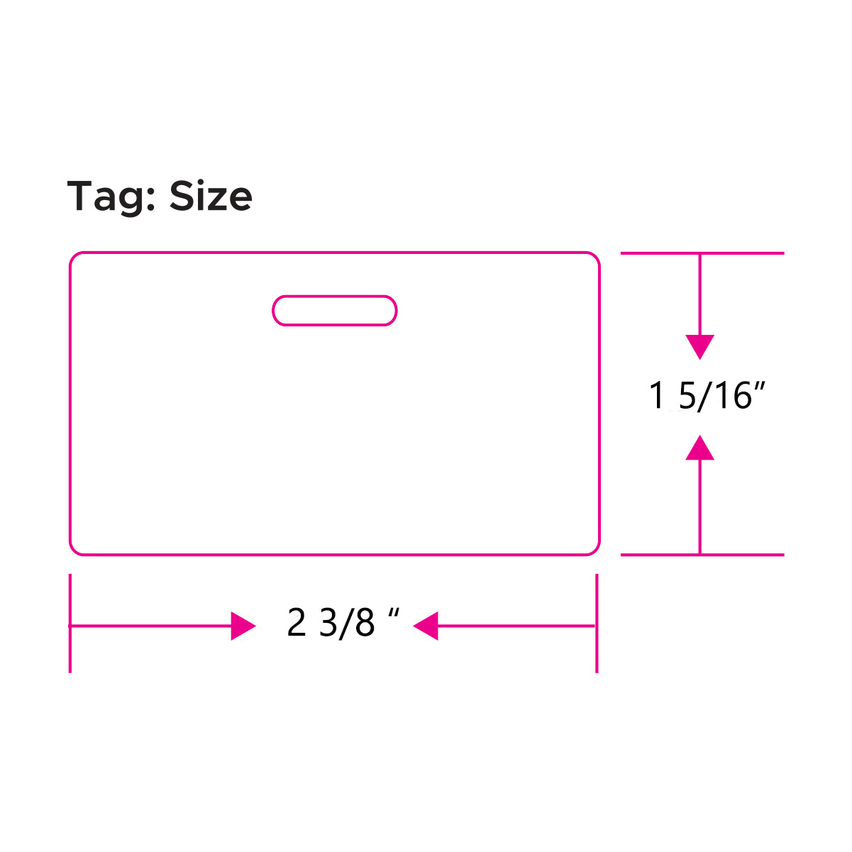 Diagram of a vertical custom hospital ID badge topper with dimensions: 2 3/8 inches wide and 1 5/16 inches high, featuring a horizontal slot in the upper center portion, perfect for use as a customizable badge attachment.