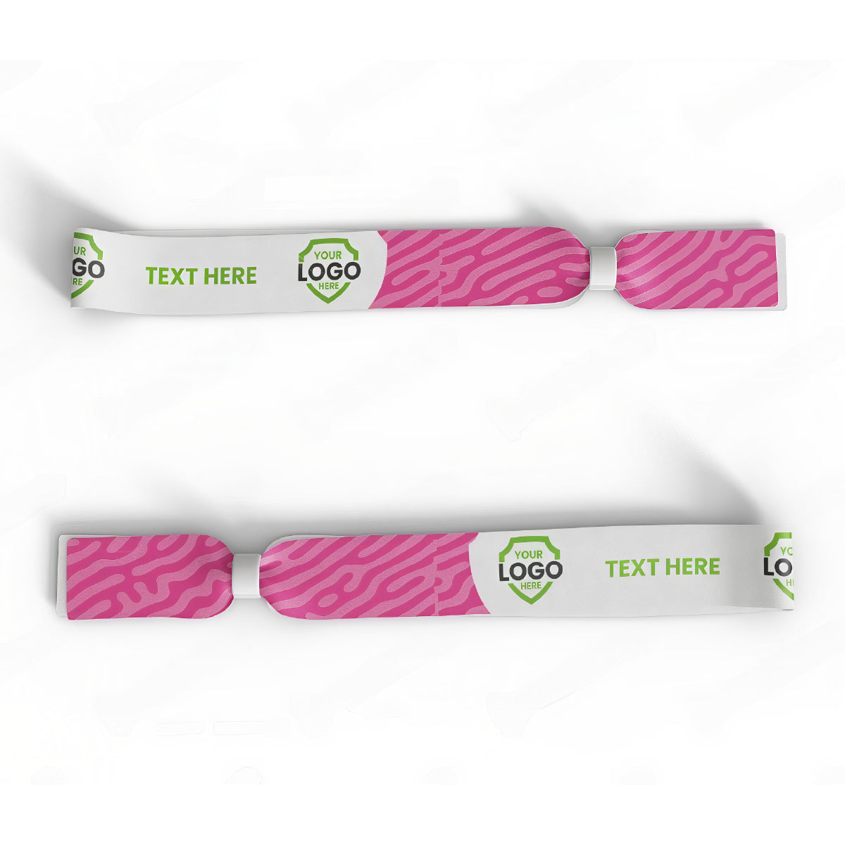 Two Custom Printed Wristbands with pink patterned ends, a logo placeholder, and green "TEXT HERE" text are shown on a white background. Sold by Specialist ID.
