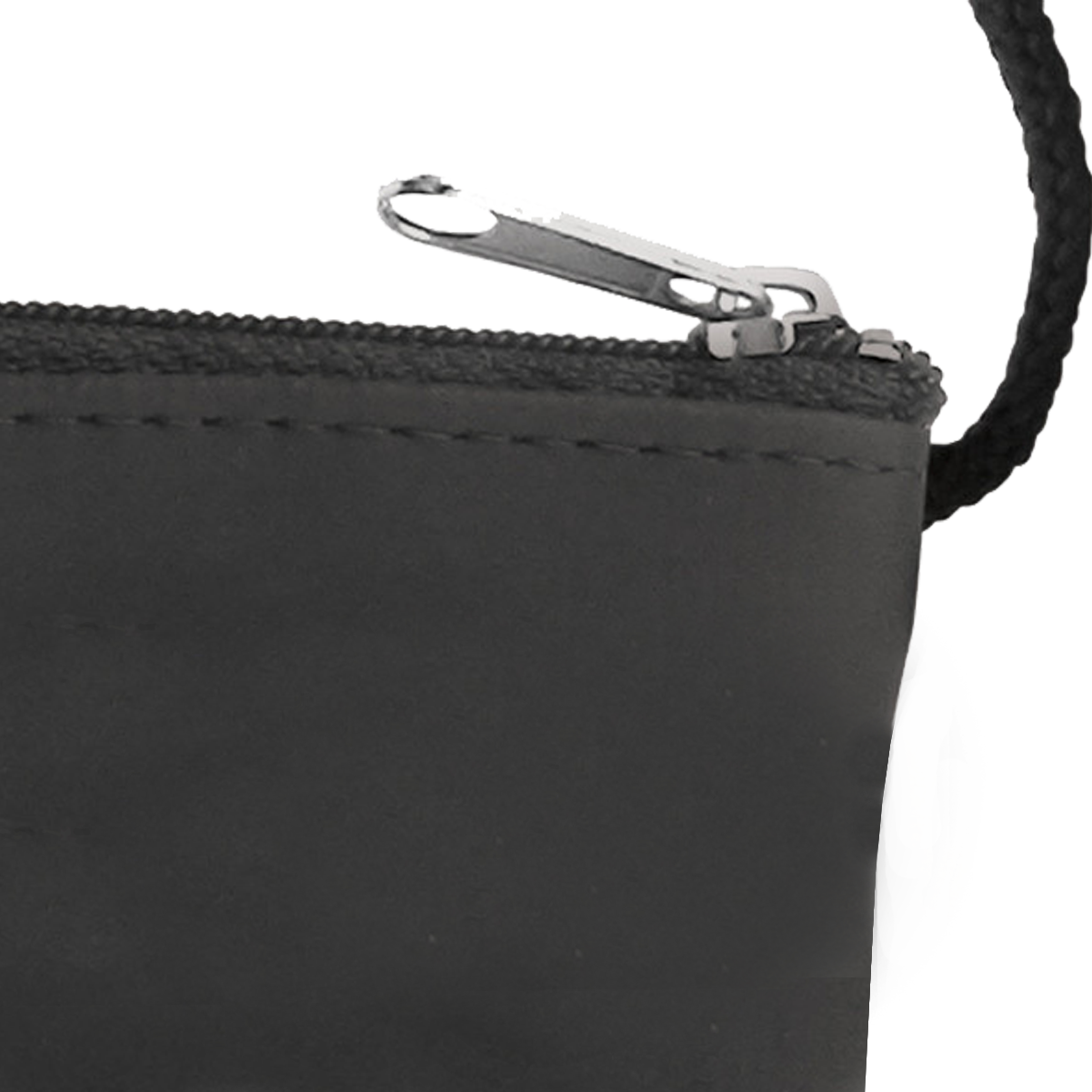 A close-up view of an unzipped black zipper on a dark fabric reveals the sleek design of a Vinyl Credential Neck Wallet with Adjustable Lanyard and Top Zipper Pouch (CW-6-BLK).