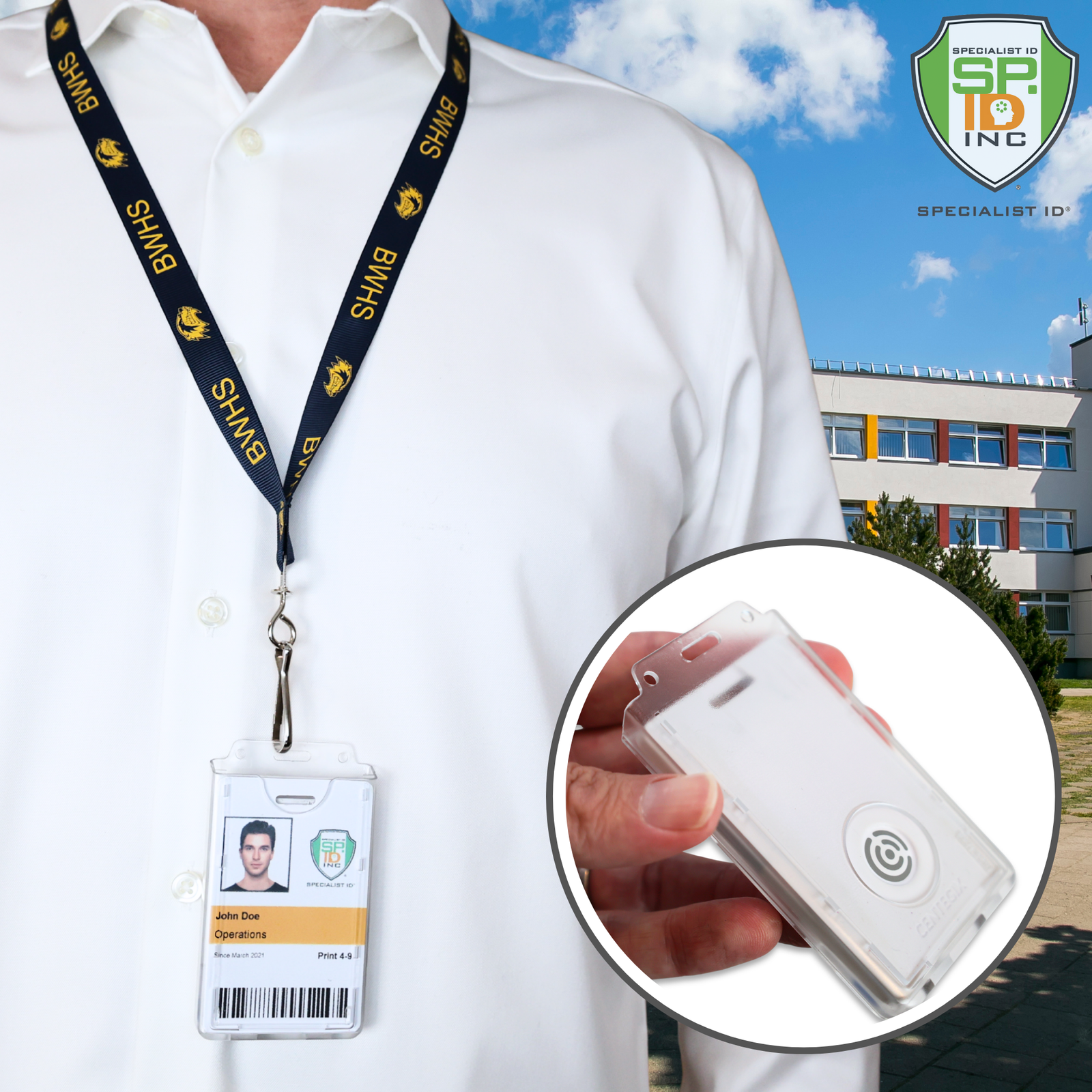 School staff member wearing a breakaway lanyard and the SPID-1730 dual badge holder with a photo ID, with a close up of the recessed CENTEGIX CrisisAlert V2 button on the back
