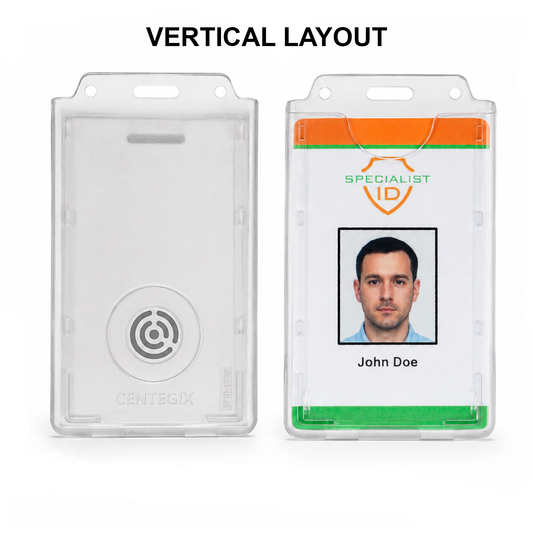 The Dual Badge Holder for Centegix CrisisAlert V2 Wearable Panic Button + CR80 ID Card (SPID-1730 / SPID-1780) displays one empty slot and one with a photo ID, showing its ideal use for carrying both an ID and a wearable panic button.