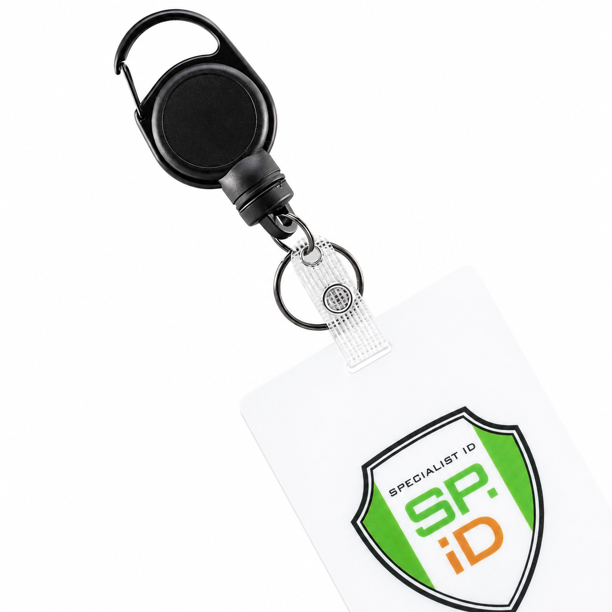 A Heavy Duty Black Round Badge Reel with Magnet, Metal Carabiner, Key Ring, and Vinyl ID Strap (SPID-3460) is attached to an ID card that displays a green and orange “SP iD” logo on a white background.