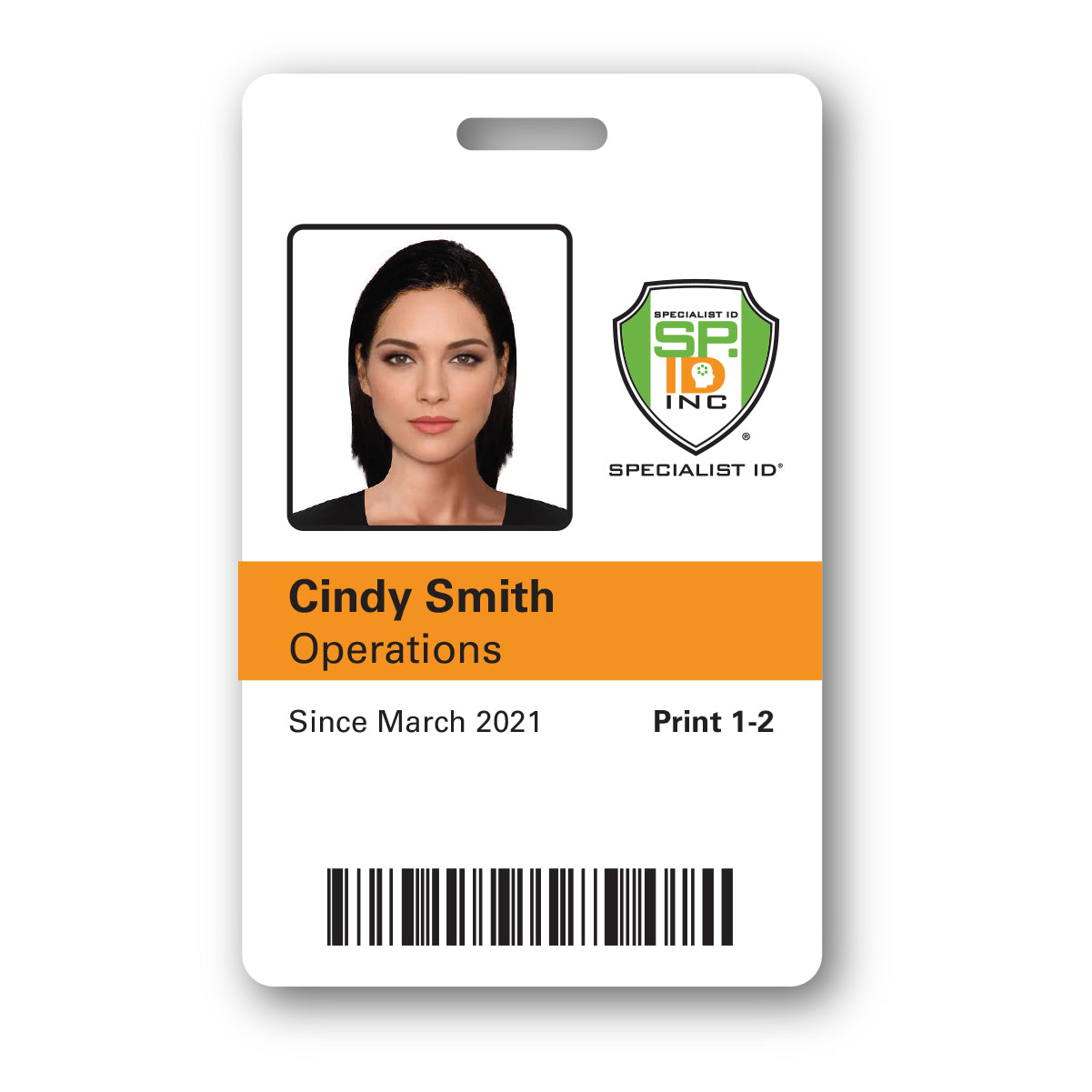 An employee Custom Printed Photo ID Badge for Cindy Smith in Operations, issued by Specialist ID Inc., with a photo, barcode, and text indicating tenure since March 2021 and print code 1-2, crafted through their professional ID Card Printing services.