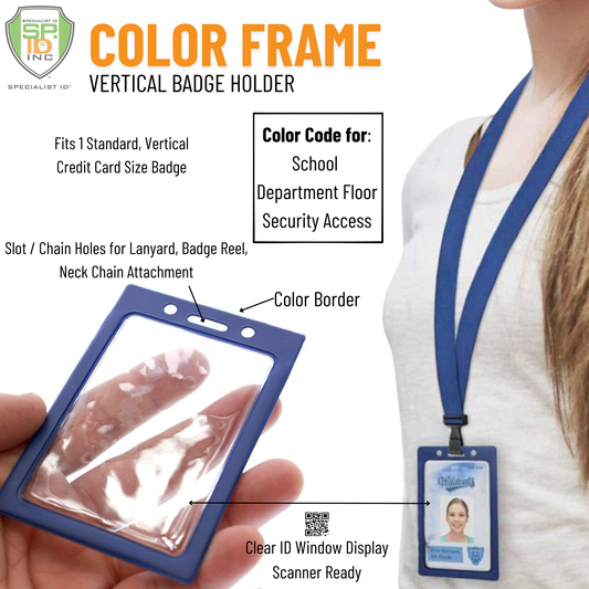 Person wearing a lanyard with a Vertical Vinyl Color Frame Badge Holder (P/N 1820-300x). The badge holder features a color border, clear ID window display, and holes for attaching a lanyard, badge reel, or neck chain.