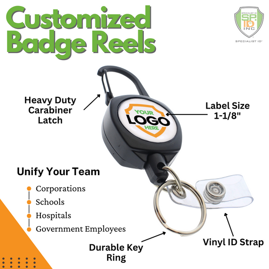 A Custom Compact Key-Bak Retractable Carabiner ID Badge Reel with Key Ring and Your Logo with a heavy-duty carabiner latch, retractable Kevlar cord, 1-1/8" label, durable key ring, and vinyl ID strap. Ideal for corporations, schools, hospitals, and government employees.