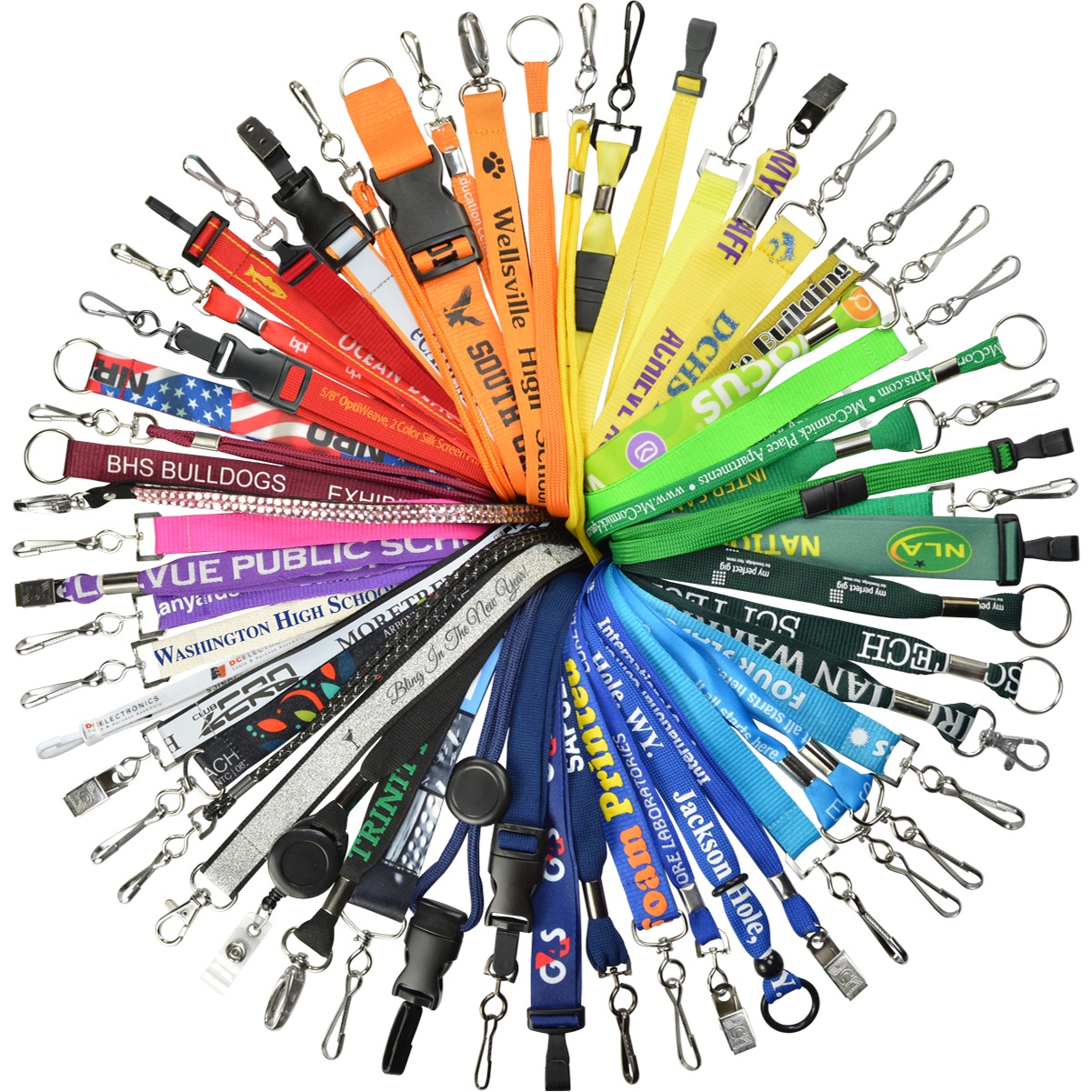 A radial display of various colorful lanyards with attachment clips, featuring logos and names of different schools and organizations, showcases the quality of silk screen printing. Perfect for bulk orders, the Custom Printed Lanyards Online Designer - Personalized Lanyards for Company, Conference, and VIP Events offers quantity discounts available.
