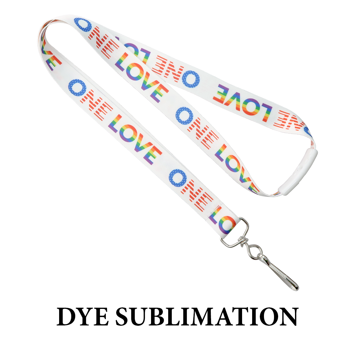 A white lanyard with the words "ONE LOVE" repeated in colorful letters, featuring a metal clasp. The text "Custom Printed Lanyards Online Designer - Personalized Lanyards for Company, Conference, and VIP Events" is printed below the lanyard. Perfect for bulk lanyards orders and custom designs using silk screen printing.