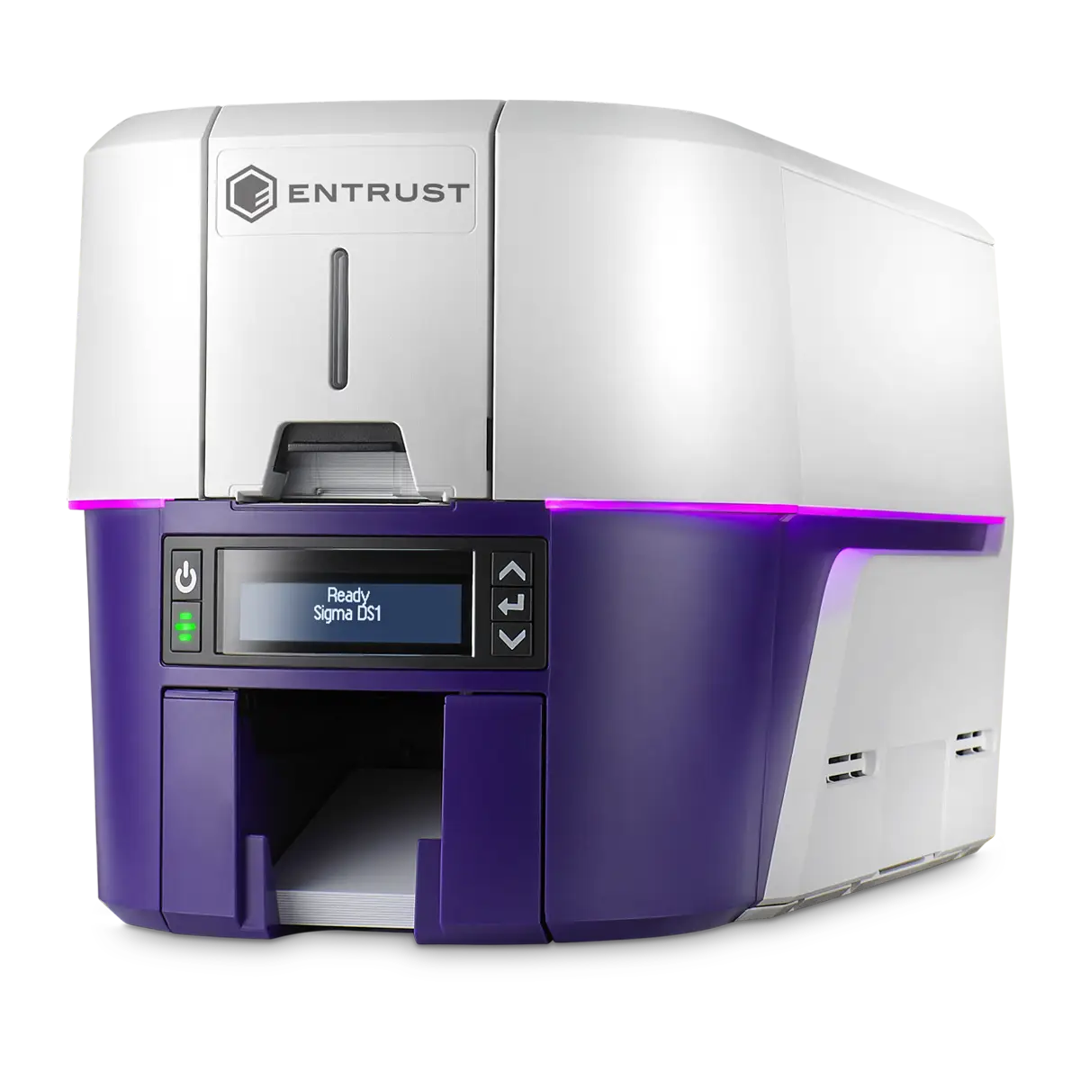 A white and purple card printer with a digital display reading "Ready Sigma DS1" and the brand name "ENTRUST" on top, perfect for secure ID card issuance through direct-to-card printing, Entrust Sigma DS1 Single Sided Direct-to-card ID Printer.