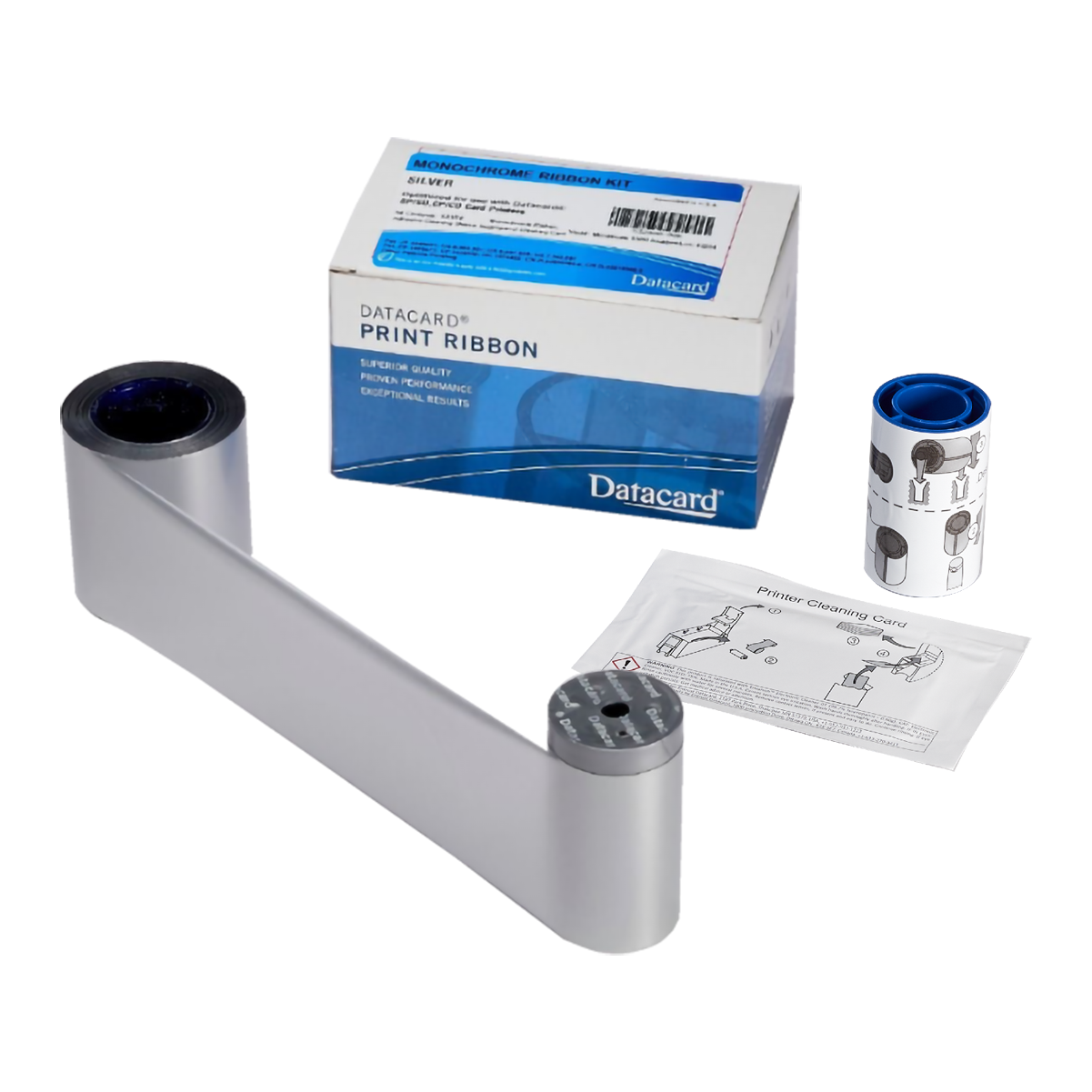 A Datacard 532000-054 Metallic Silver Monochrome Ribbon & Cleaning Kit for ID card printing includes a Metallic Silver Monochrome Ribbon roll, a cleaning spool, a cleaning card in a plastic pouch, and a white and blue box labeled "Entrust Datacard Print Ribbon.