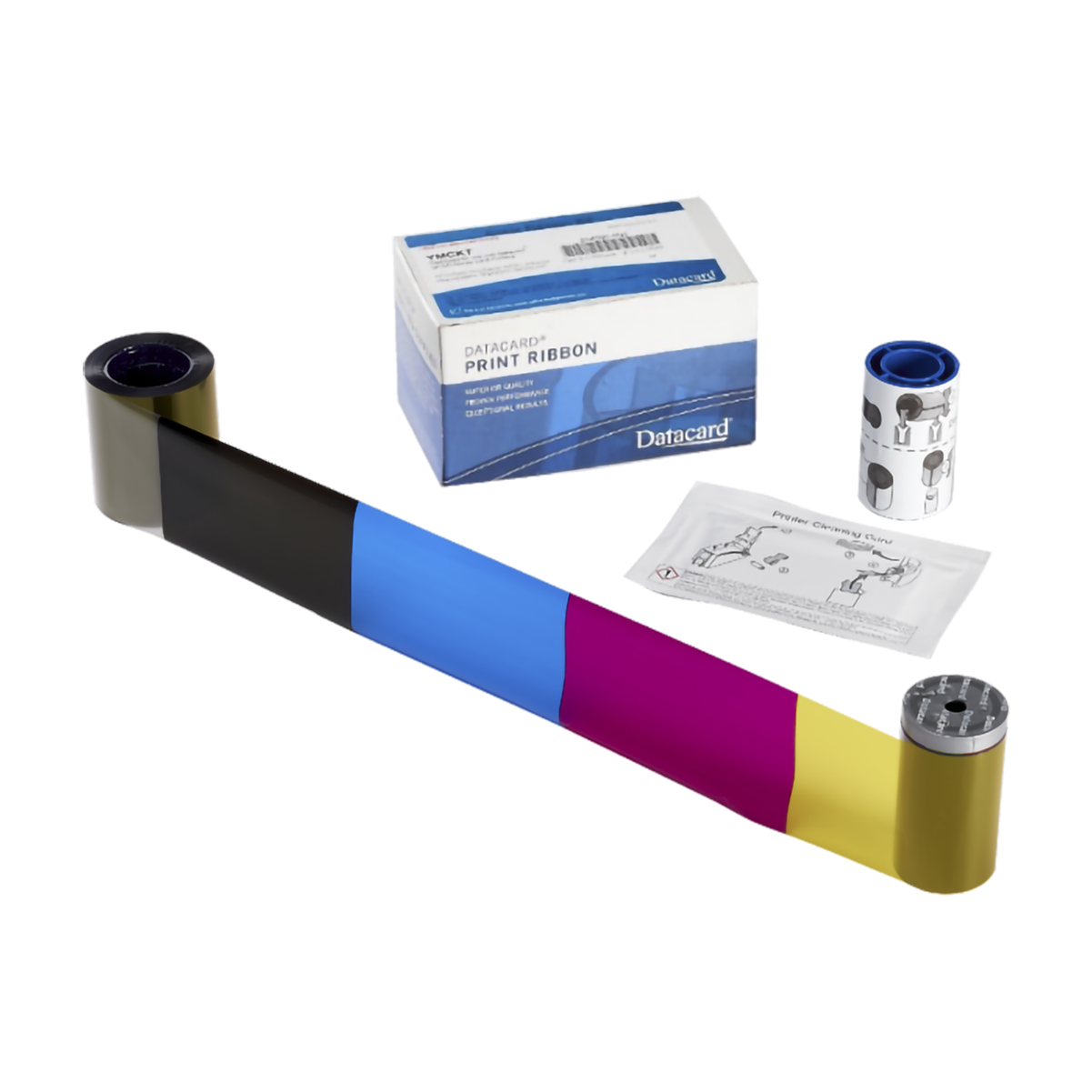 A Datacard 534000-007 YMCKT-K Color Ribbon & Cleaning Kit is displayed alongside its Datacard print ribbon packaging, instruction manual, and another component, perfect for dual-sided printing with Entrust Datacard printers.