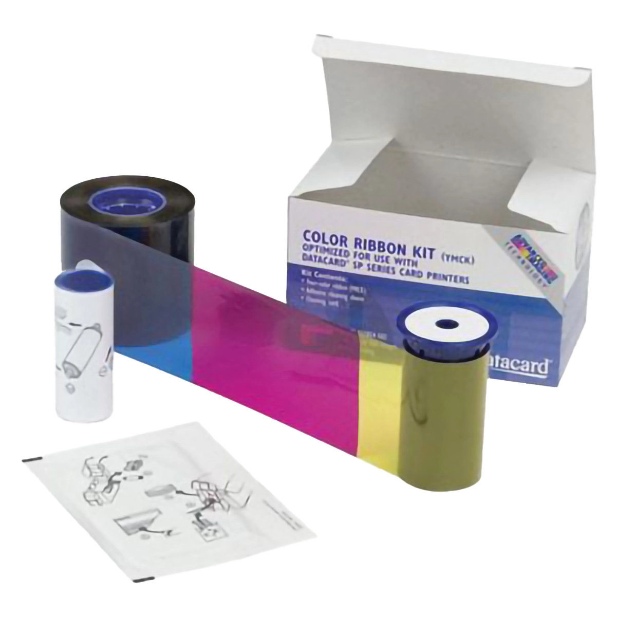 A Datacard 534000-002 YMCKT Color Ribbon & Cleaning Kit includes a roll of multi-colored ribbon, a white roller, and an instruction sheet, with packaging in the background—perfect for use with Entrust ID card printers to produce high-quality ID cards.